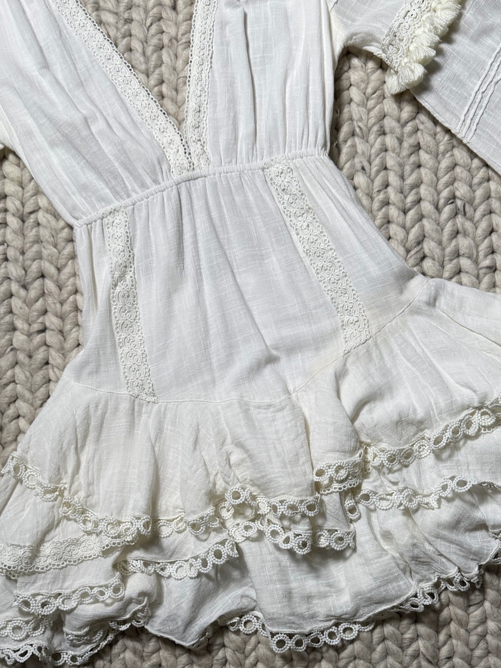 HEMANT & NANDITA-Boho Lace Trim White Mini Dress - Picture 2 of 8